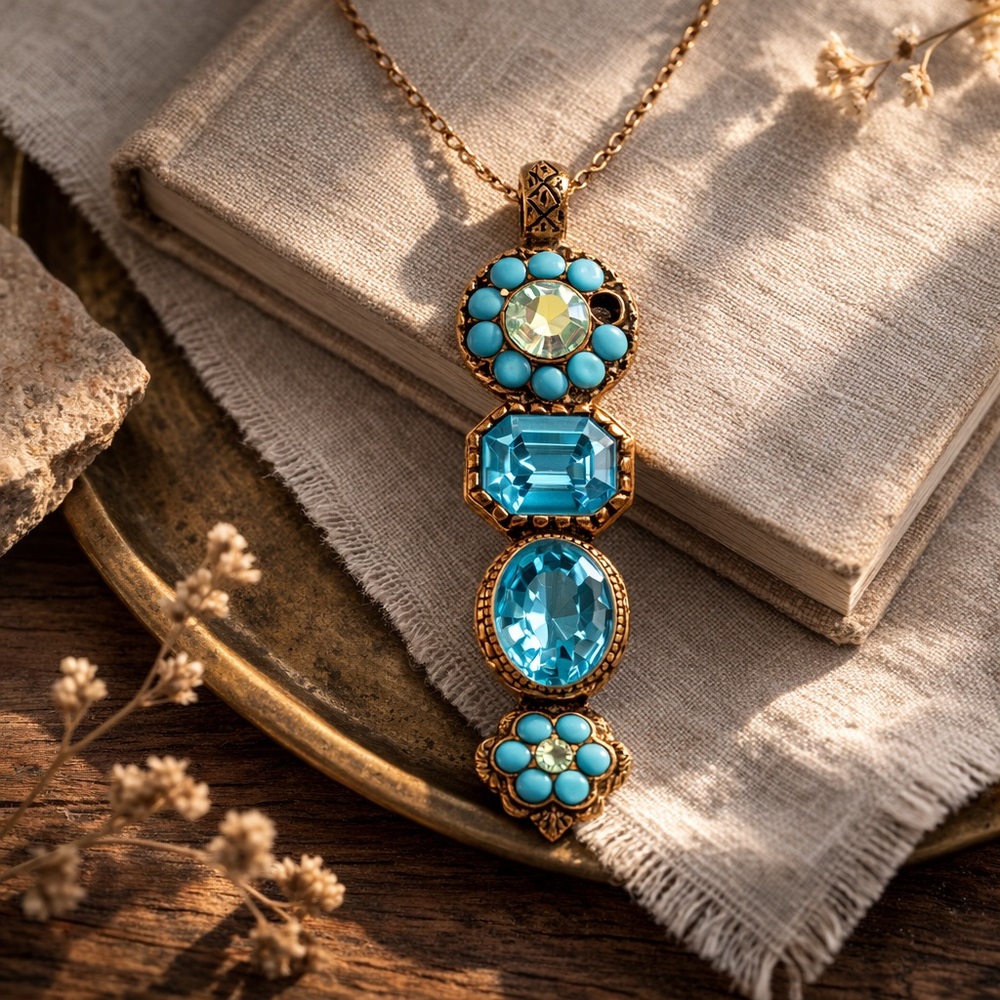 Vintage AVGAD Israel Turquoise Rhinestone Pendant Boho Statement Necklace